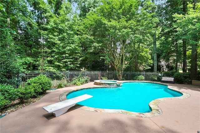 12160 Oak Hollow Way, Alpharetta, GA 30005 - view of pool featuring a diving board, a patio area, and a pool with connected hot tub