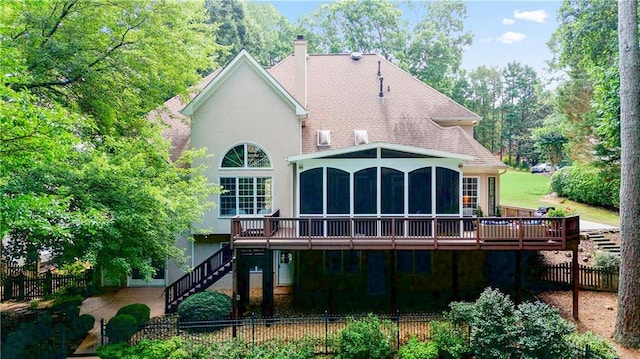 12160 Oak Hollow Way, Alpharetta, GA 30005 - rear view of property featuring a sunroom, a deck, stairs, and a fenced backyard