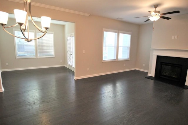 unfurnished living room featuring dark wood-type flooring, ceiling fan, baseboards, ornamental molding, and a glass covered fireplace