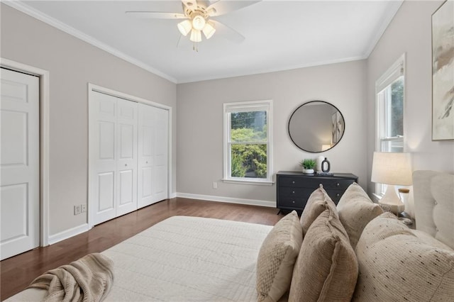 812 Dixie Ave NE, Atlanta, GA 30307 - bedroom with crown molding, dark wood-style flooring, and ceiling fan