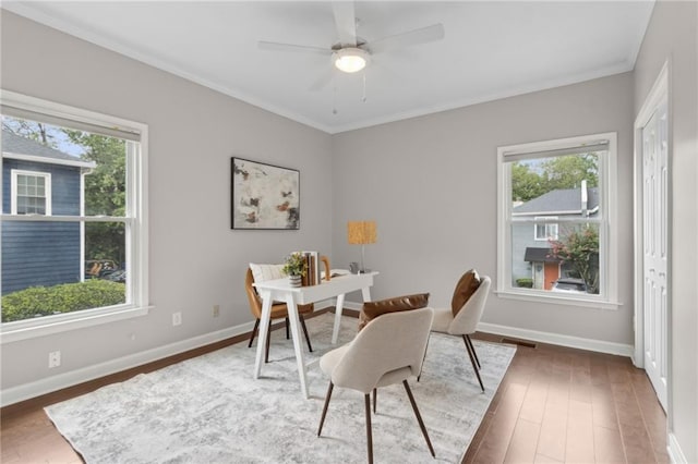 812 Dixie Ave NE, Atlanta, GA 30307 - dining space featuring plenty of natural light, wood finished floors, ornamental molding, a ceiling fan, and an office area