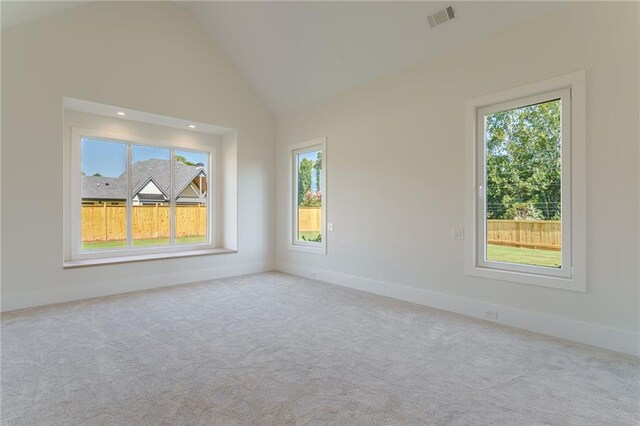 carpeted empty room featuring a healthy amount of sunlight and lofted ceiling