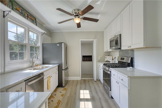 1149 Avondale Ave SE, Atlanta, GA 30312 - kitchen featuring appliances with stainless steel finishes, a sink, white cabinetry, ceiling fan, and light wood-style floors