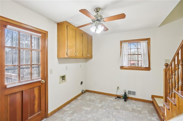 washroom featuring cabinets, hookup for a washing machine, hookup for an electric dryer, and ceiling fan