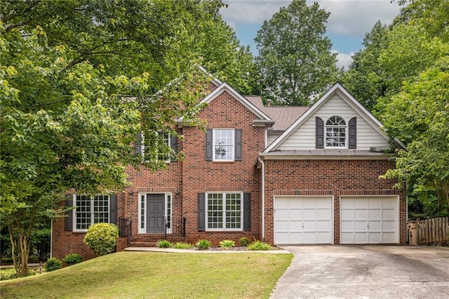 view of front of house featuring driveway, an attached garage, and brick siding