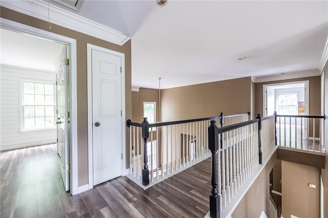 hall with attic access, an upstairs landing, ornamental molding, dark wood finished floors, and baseboards