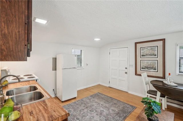25 Standish Ave NW, Atlanta, GA 30309 - kitchen featuring freestanding refrigerator, a sink, a textured ceiling, light wood-type flooring, and light countertops