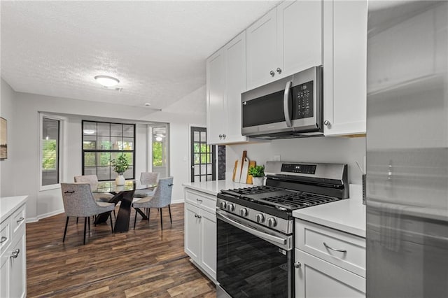 3833 Paddington Trl, Rex, GA 30273 - kitchen featuring stainless steel appliances, light countertops, dark wood finished floors, a textured ceiling, and white cabinetry