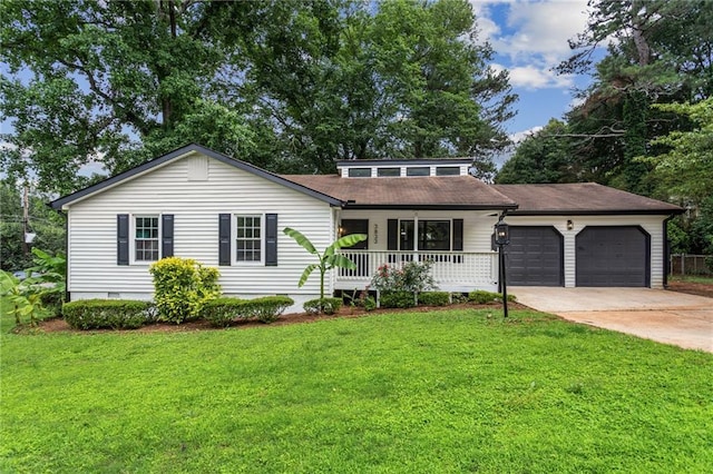 3833 Paddington Trl, Rex, GA 30273 - view of front facade featuring a porch, an attached garage, driveway, a front lawn, and crawl space