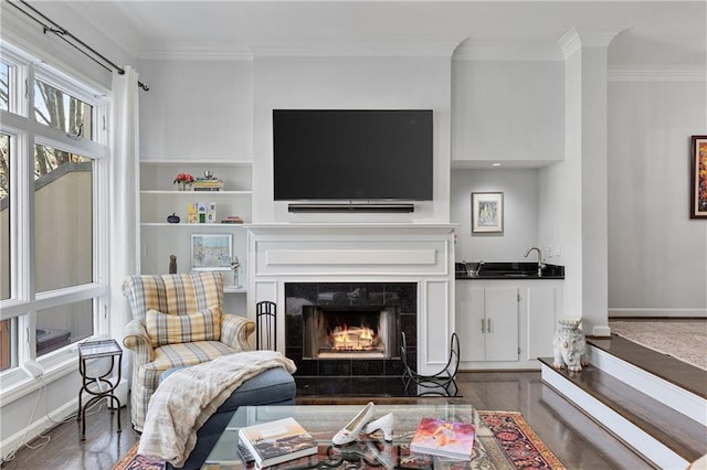 living room with dark hardwood / wood-style floors, ornamental molding, a fireplace, and sink