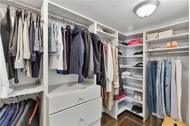 walk in closet with dark hardwood / wood-style flooring