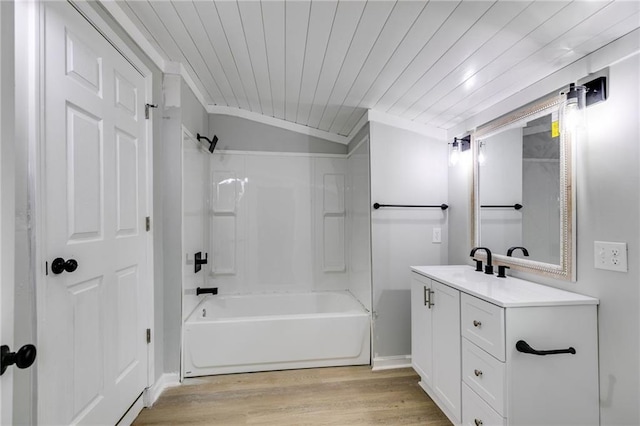 bathroom with wood ceiling, wood finished floors, vanity, and shower / bath combination