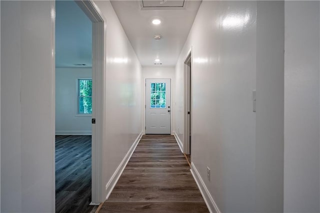 hallway with dark wood-type flooring