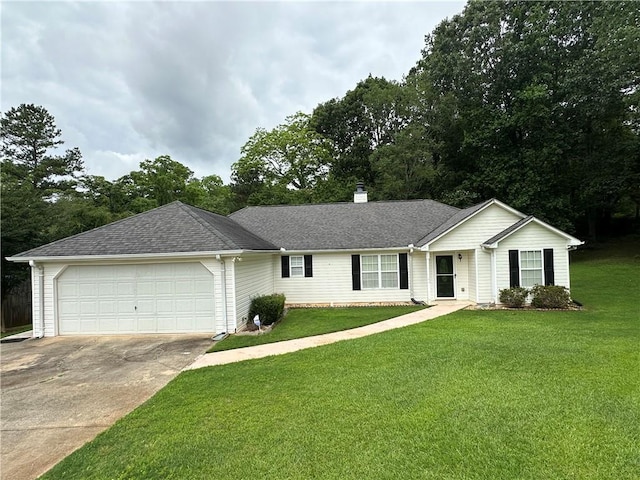 6328 Wellington Ct, Douglasville, GA 30134 - ranch-style home featuring concrete driveway, an attached garage, a front lawn, and a chimney