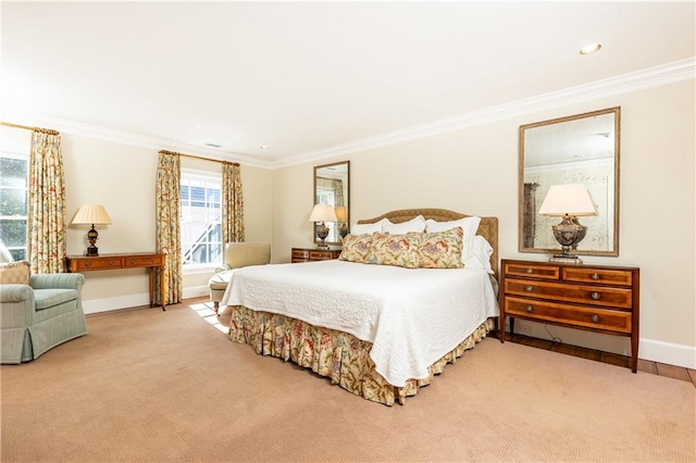 bedroom with crown molding, carpet flooring, recessed lighting, and baseboards