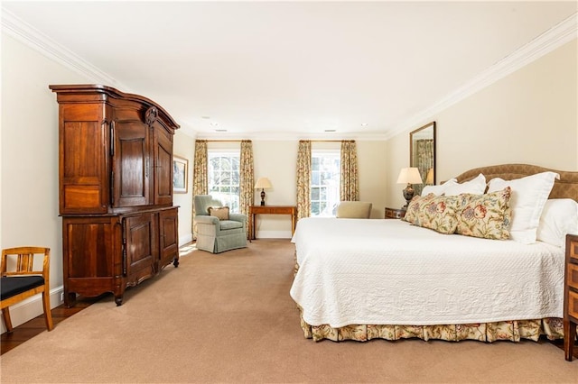 bedroom featuring light carpet, crown molding, and baseboards