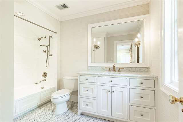 bathroom with vanity, visible vents, tub / shower combination, ornamental molding, and toilet