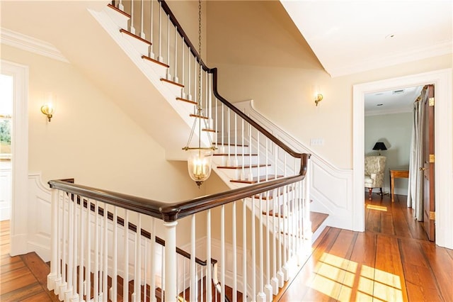 stairs featuring crown molding, a decorative wall, wood-type flooring, and wainscoting