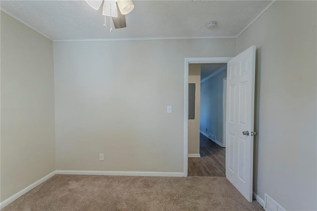 empty room featuring carpet, ceiling fan, and ornamental molding