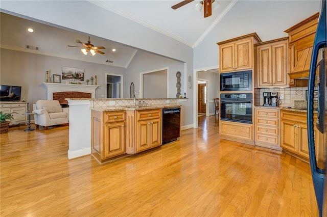kitchen with black appliances, ceiling fan, lofted ceiling, backsplash, and a sink