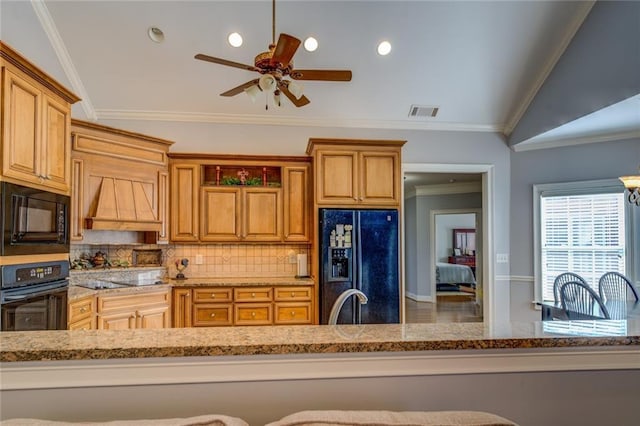 kitchen featuring black appliances, crown molding, decorative backsplash, light stone counters, and a ceiling fan