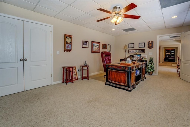 home office with a ceiling fan, a drop ceiling, carpet, baseboards, and recessed lighting