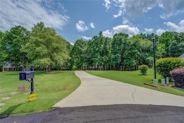 view of community with a lawn and view of scattered trees
