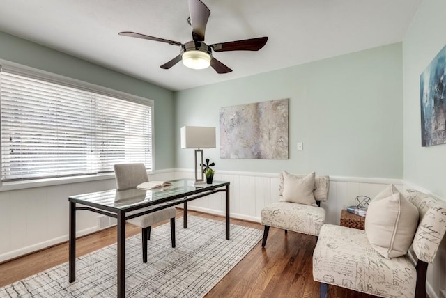 office featuring ceiling fan and hardwood / wood-style flooring