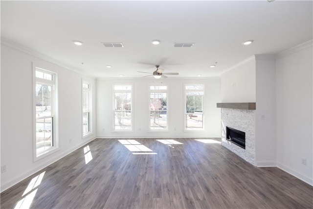 362 Olmstead Way Unit 23, Alpharetta, GA 30022 - unfurnished living room with crown molding, a fireplace, recessed lighting, wood finished floors, and a ceiling fan