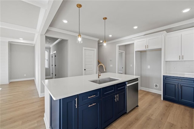 kitchen featuring dishwasher, decorative light fixtures, white cabinetry, sink, and blue cabinets