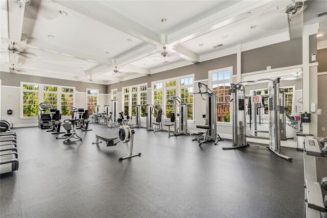 gym featuring visible vents, a ceiling fan, coffered ceiling, and recessed lighting