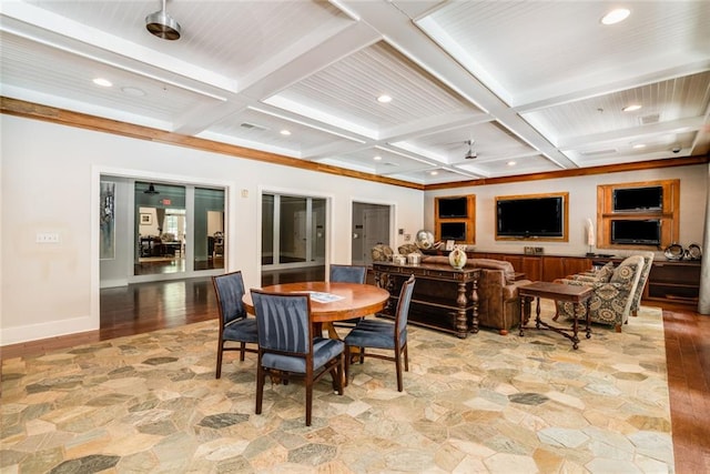 dining area with coffered ceiling, recessed lighting, beam ceiling, and baseboards