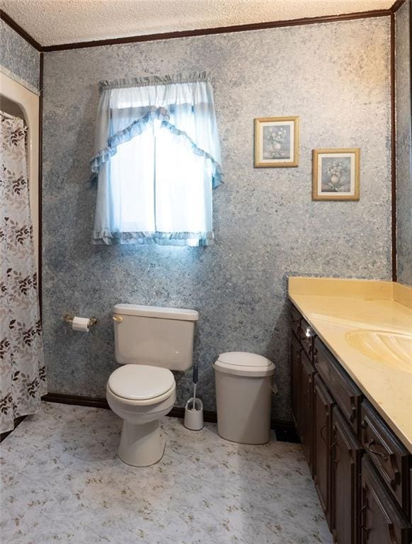 bathroom with vanity, crown molding, a textured ceiling, and toilet