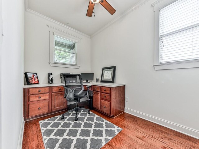 office featuring ornamental molding, wood finished floors, a ceiling fan, and plenty of natural light