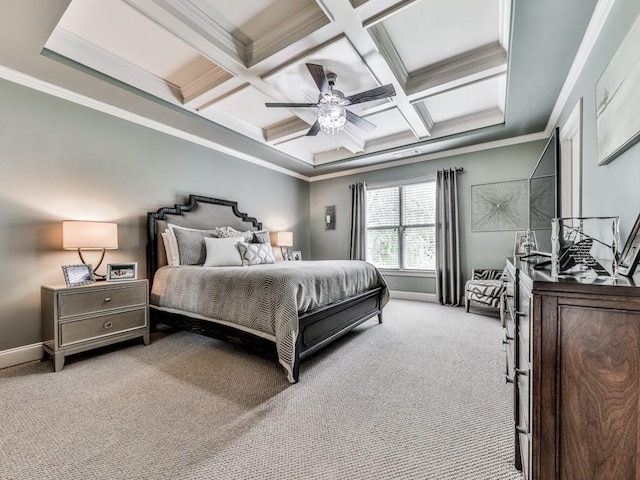 bedroom featuring carpet flooring, ornamental molding, beam ceiling, baseboards, and coffered ceiling