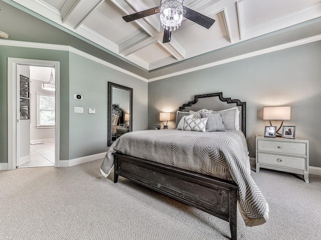 carpeted bedroom with beam ceiling, baseboards, coffered ceiling, crown molding, and ceiling fan