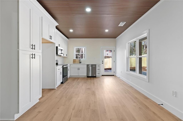 1337 Fairfield Dr, Lilburn, GA 30047 - kitchen featuring appliances with stainless steel finishes, wood ceiling, healthy amount of natural light, white cabinets, and light countertops