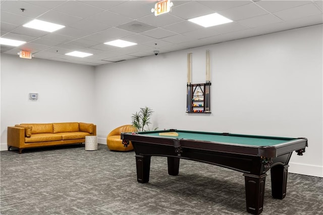 game room with carpet floors, pool table, baseboards, and a paneled ceiling