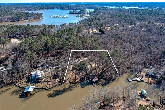 207A Quail Trl, Jackson, GA 30233 - aerial view of property and surrounding area featuring a forest, a nearby body of water, and property parcel outlined
