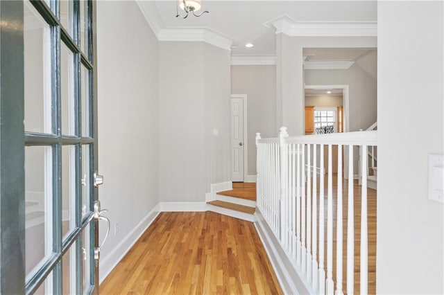 interior space featuring crown molding and light hardwood / wood-style flooring