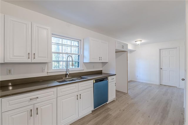 kitchen with sink, white cabinets, stainless steel dishwasher, and light wood-type flooring