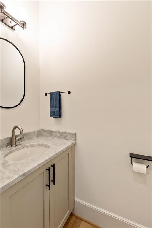 bathroom with hardwood / wood-style floors and vanity