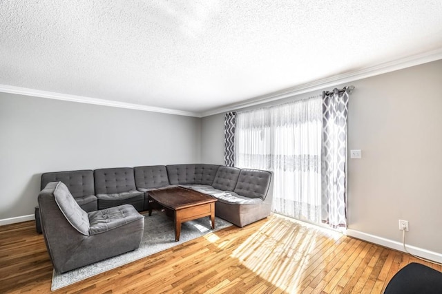 living area featuring ornamental molding and hardwood / wood-style flooring