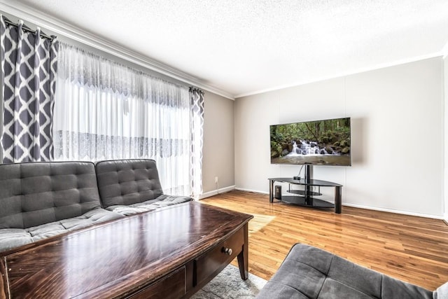 living room with a textured ceiling, wood finished floors, and baseboards