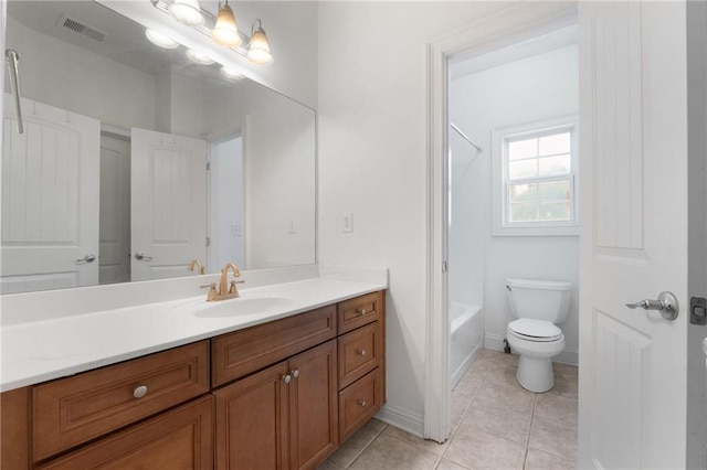 bathroom with visible vents, toilet, tile patterned floors, bathtub / shower combination, and vanity