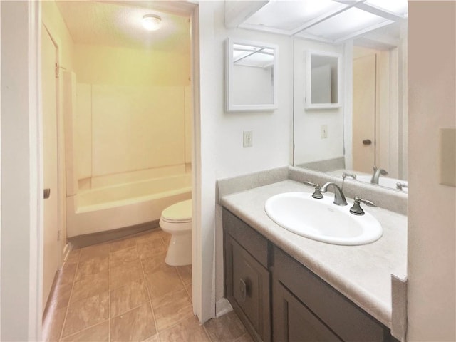 full bathroom with vanity, toilet, tub / shower combination, and tile patterned flooring