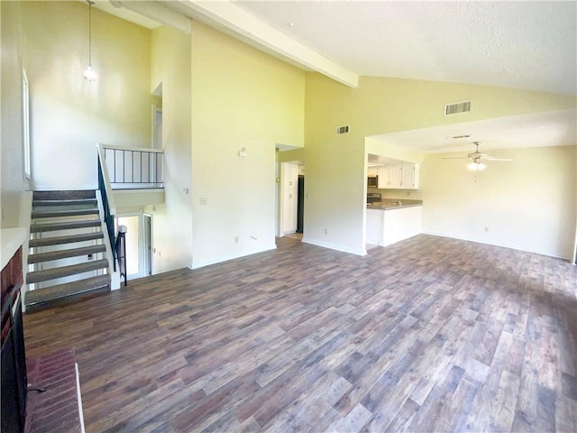 unfurnished living room featuring beam ceiling, high vaulted ceiling, dark wood-type flooring, and ceiling fan