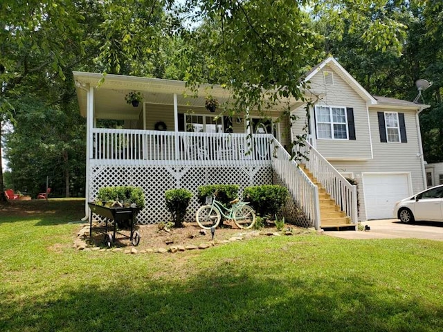 view of front facade featuring a porch, a garage, concrete driveway, stairway, and a front lawn