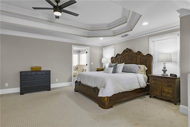 bedroom featuring a raised ceiling, crown molding, baseboards, and carpet floors