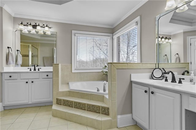 bathroom with a sink, a garden tub, ornamental molding, and a shower stall